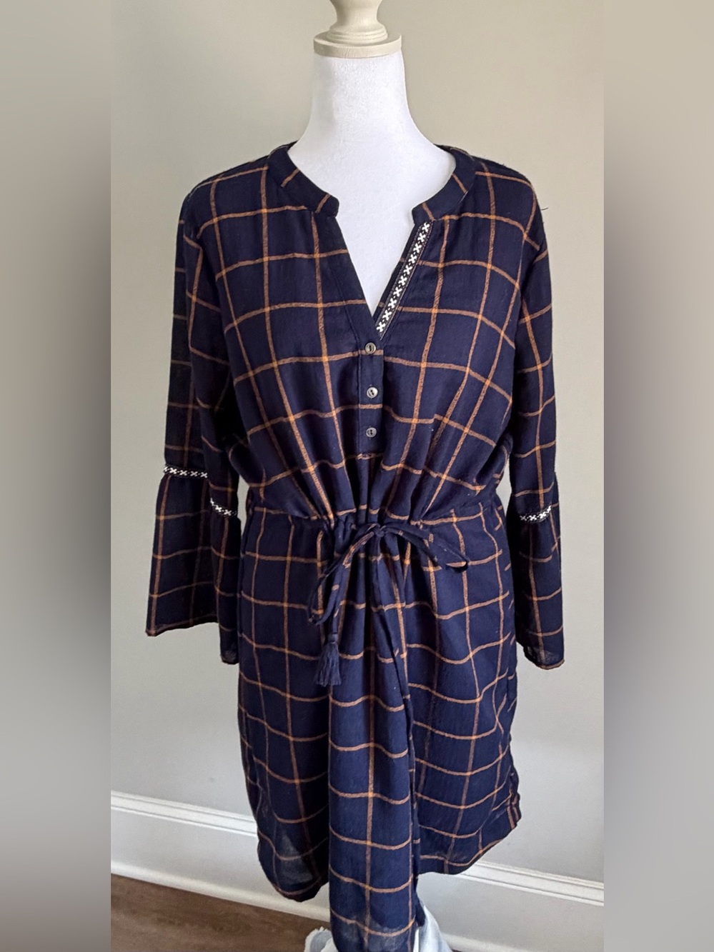Skies Are Blue Navy Dress with Brown Windowpane Grid